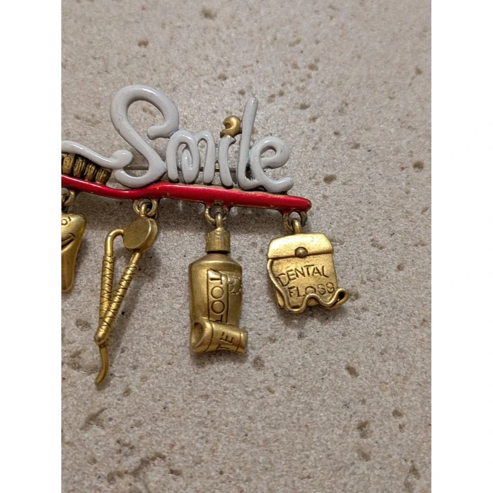 Vintage Brooch In Gold Tone Dental Hygentist Theme Toothbrush Smile Dentist
